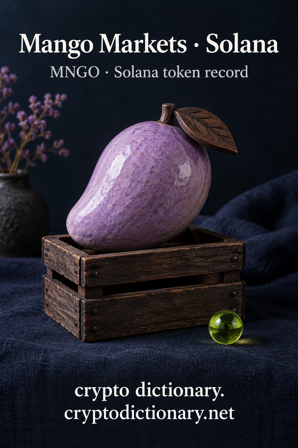 Lilac ceramic mango on wooden market crate for Mango Markets on Solana with MNGO registry caption.