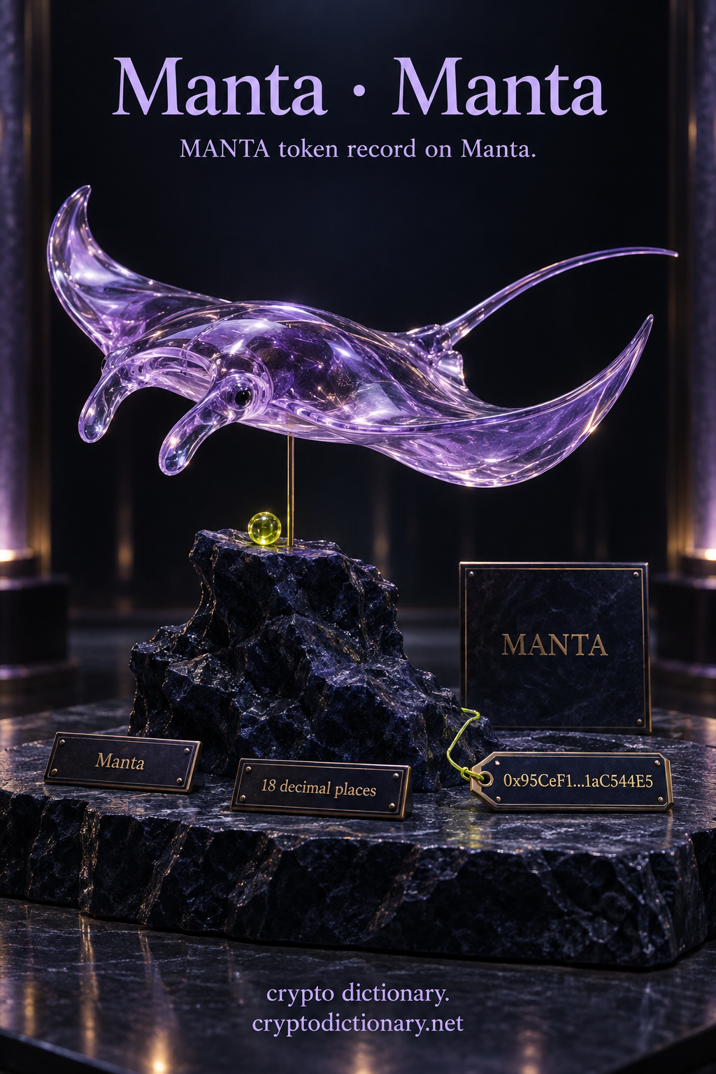 Original lilac glass manta-ray art sculpture over navy stone, identifying MANTA token on Manta with matching public contract tag and eighteen-decimal precision.