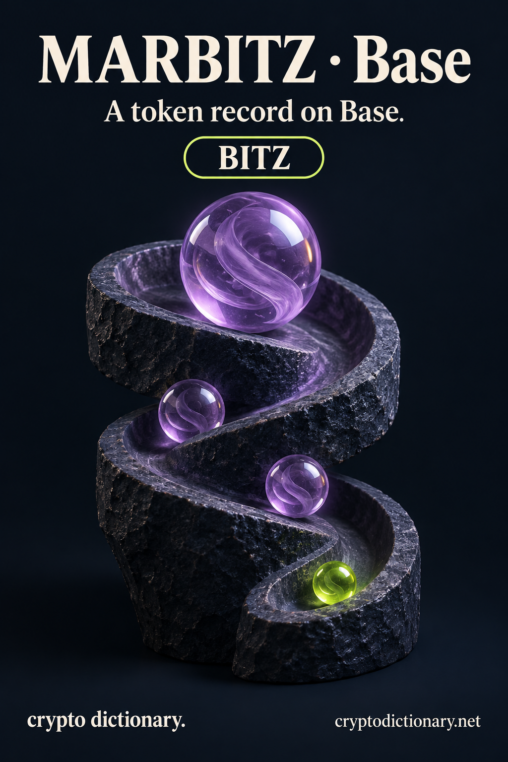 MARBITZ · Base (BITZ) illustrated through an original physical name mnemonic; a token record on Base.