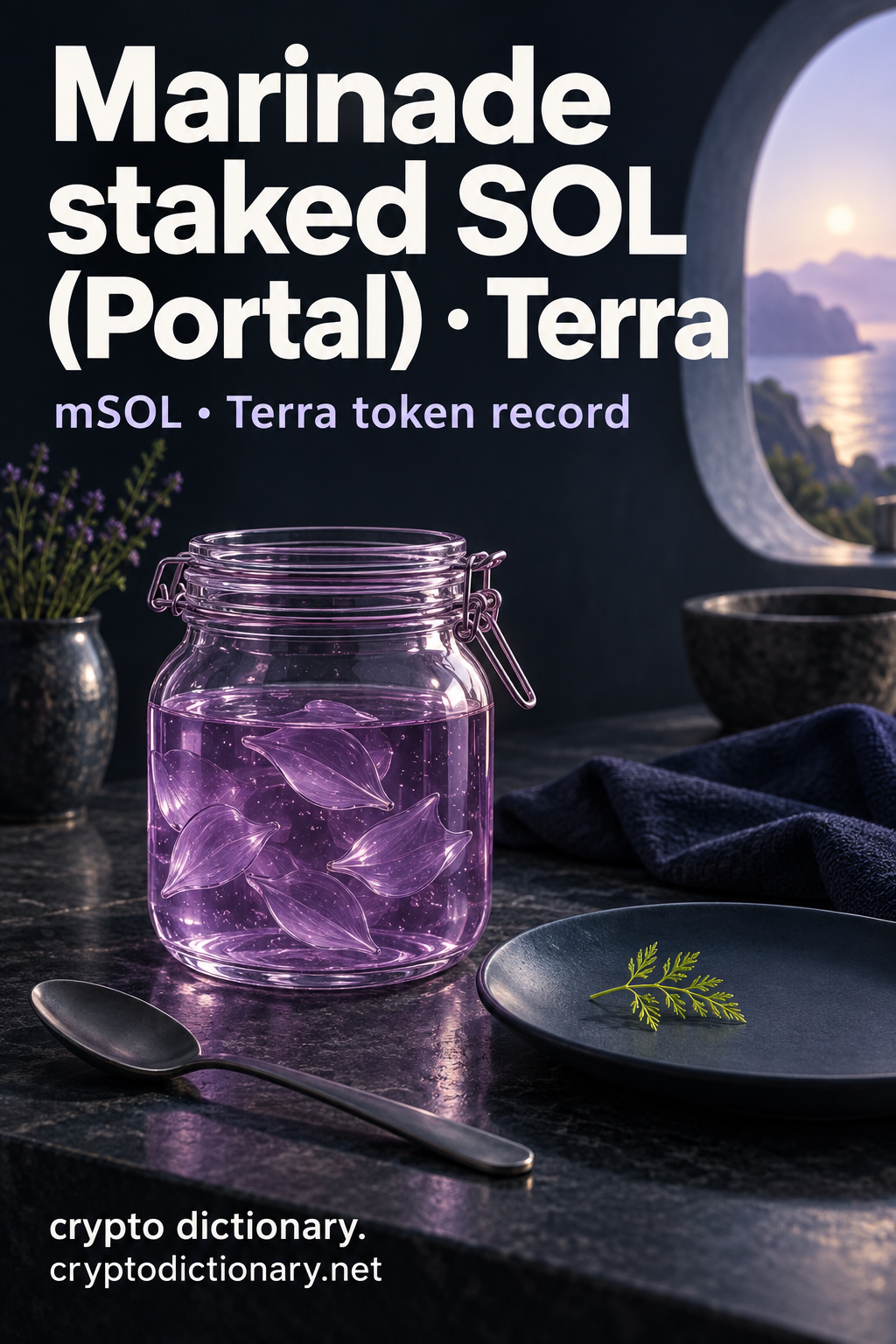 Plain lilac glass jar holding decorative glass petals in liquid, navy plate with lime herb frond and unlettered spoon beside oval window; Marinade staked SOL (Portal) · Terra registry artwork.