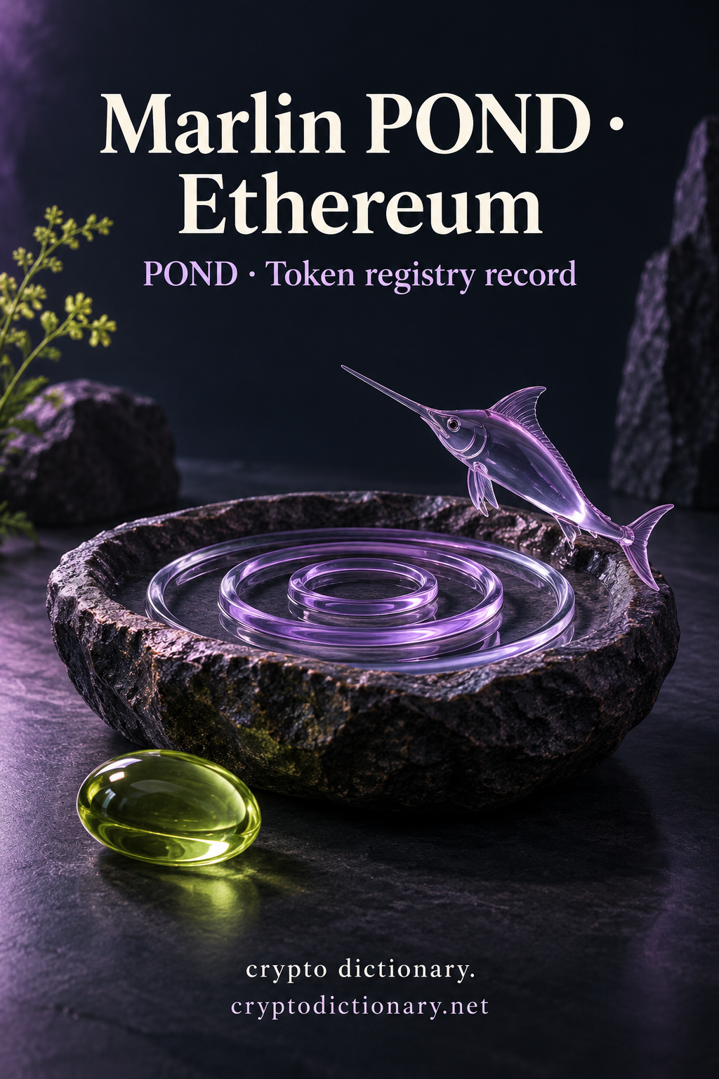 Marlin POND on Ethereum illustrated by an original lilac glass fish and flat ripple rings in a dark stone basin, with neutral POND registry caption.