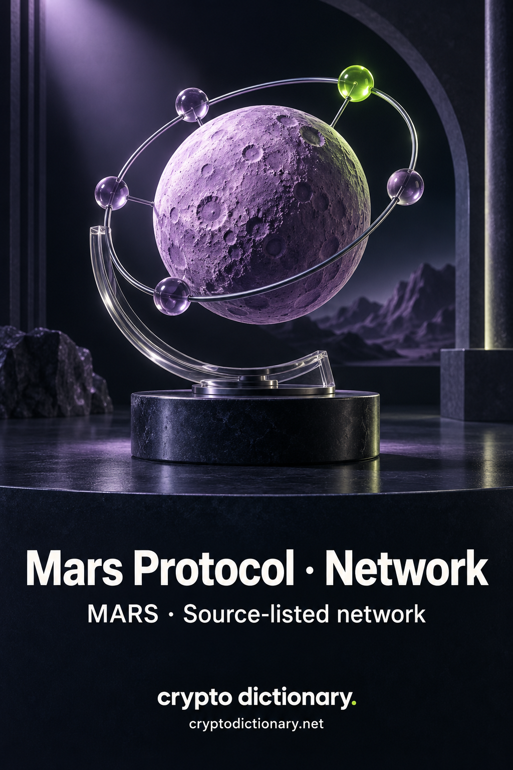 A lilac cratered miniature planet sits in a clear display cradle with five linked orbital beads, one lime.