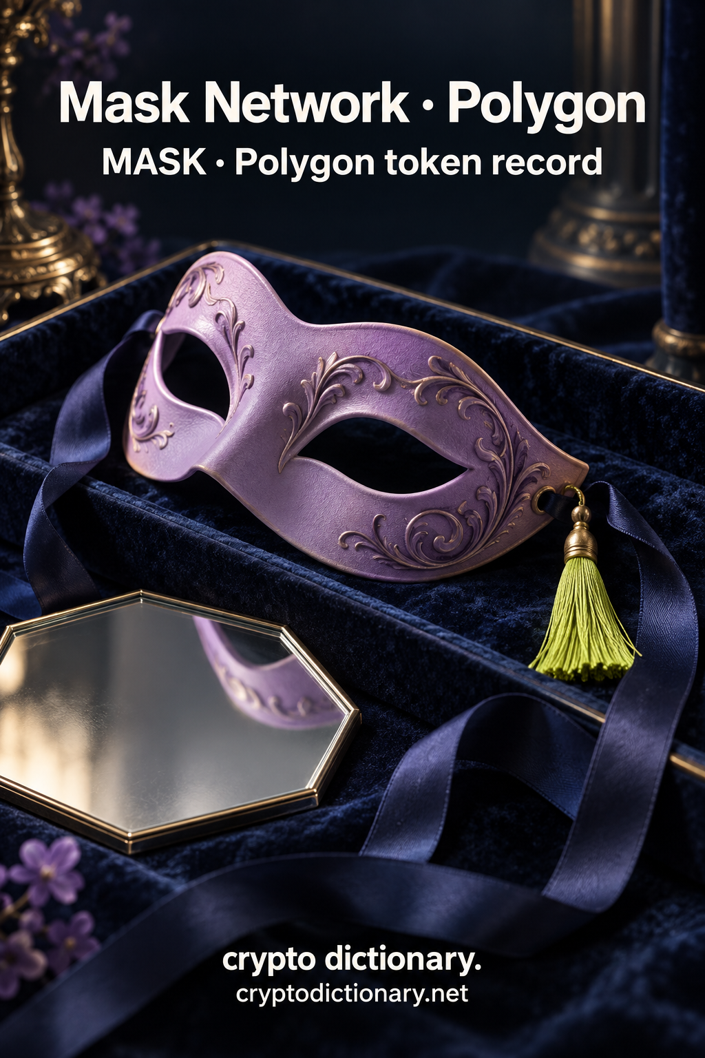 Lilac ceramic masquerade eye mask in a navy velvet tray with satin ties, lime tassel and polygonal mirror; Mask Network · Polygon registry illustration.