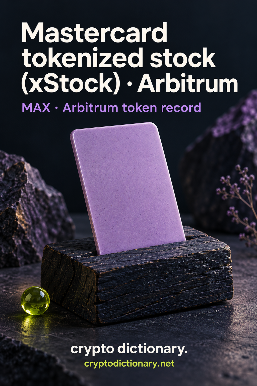 A blank lilac rectangular ceramic craft card rests in a navy wooden stock billet beside a lime bead; Mastercard tokenized stock (xStock) · Arbitrum registry artwork.