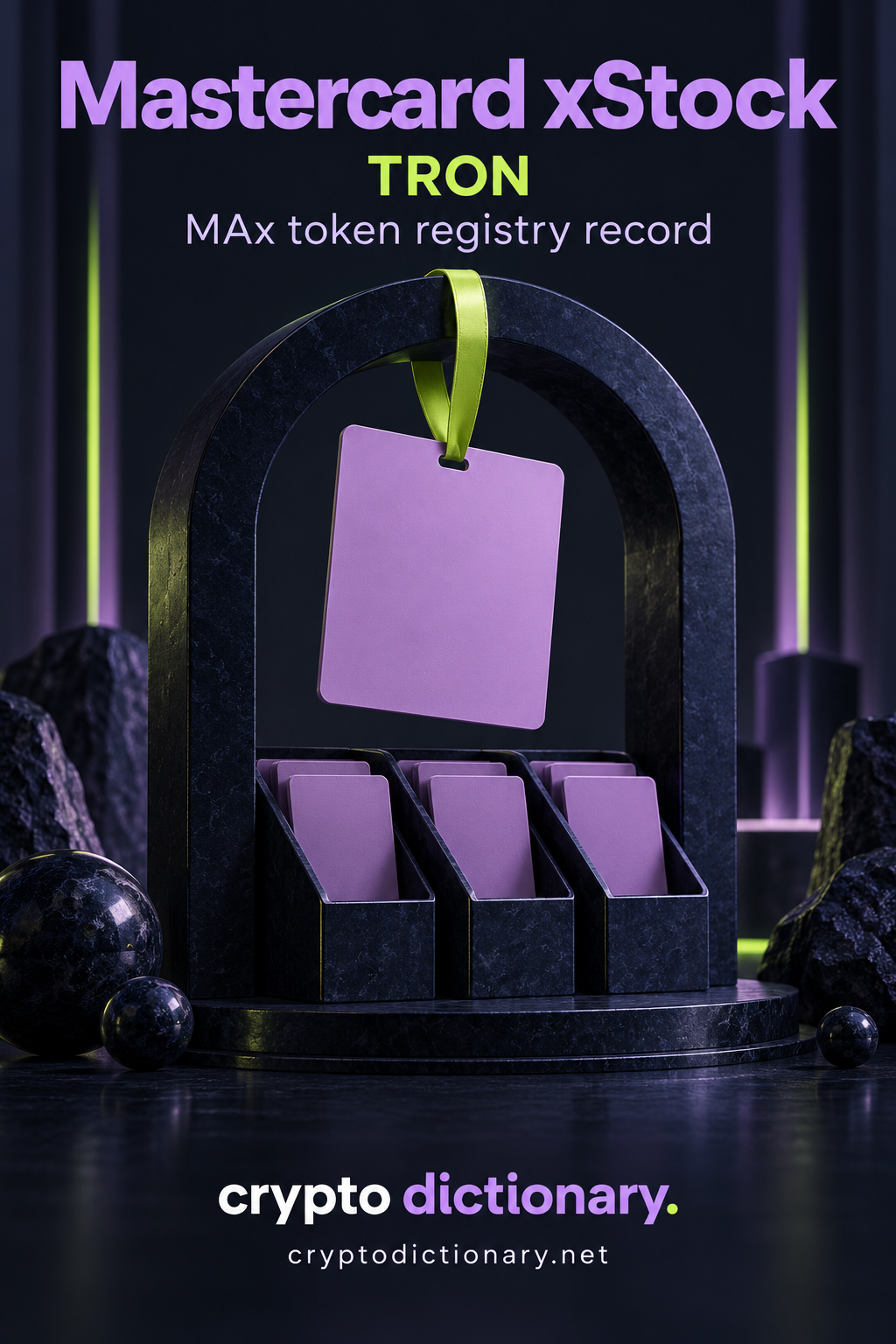 Mastercard xStock on TRON: a blank lilac card-shaped sculpture suspended in a filing arch above empty archive pockets.