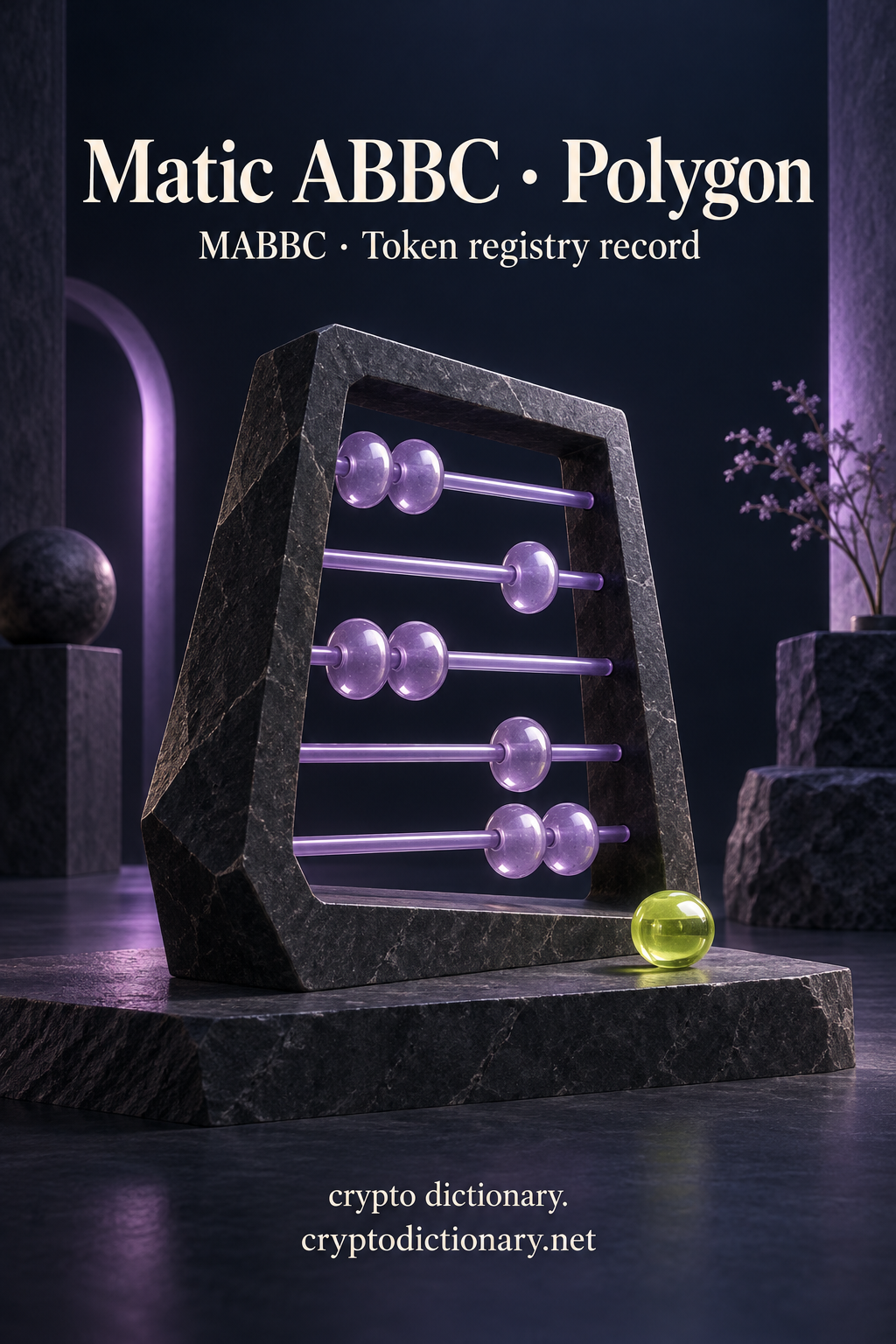 Matic ABBC on Polygon illustrated by an original lilac glass counting-frame sculpture on dark stone, with a lime bead and neutral MABBC registry caption.