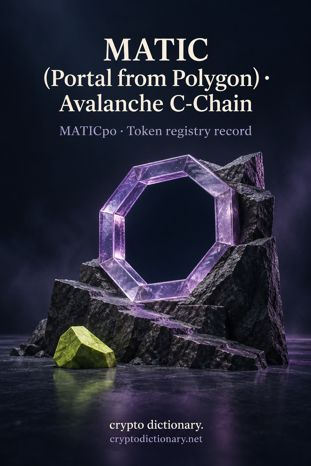 An oblique lilac glass octagonal aperture in a dark rock ridge for MATIC (Portal from Polygon) on Avalanche C-Chain.