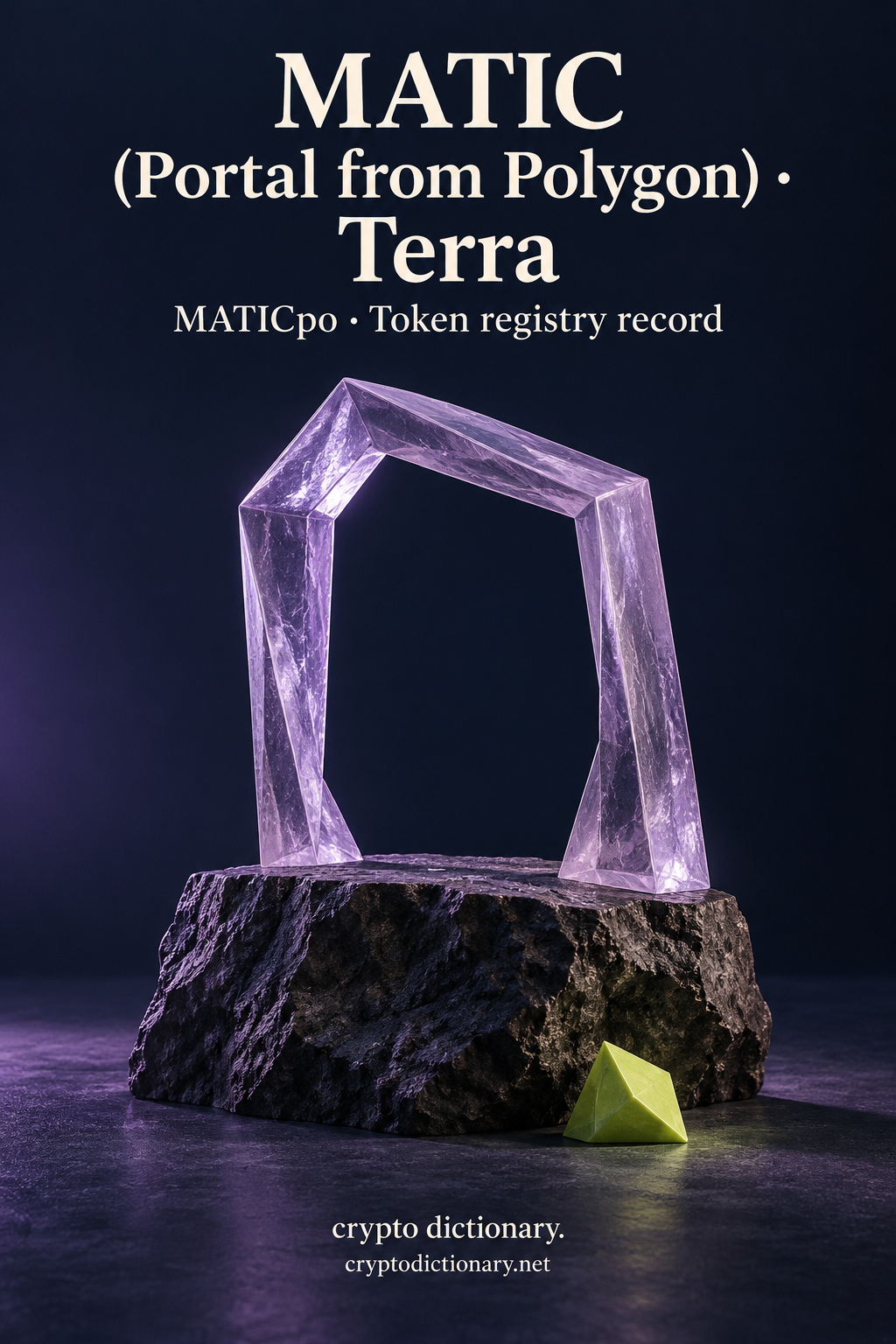 An open polygonal lilac glass doorway on a dark earthen monolith for MATIC (Portal from Polygon) on Terra.