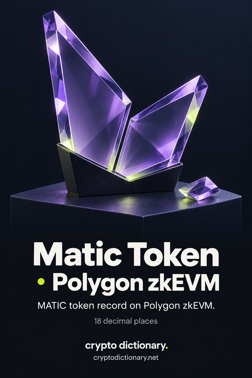 Two lilac glass polygon plates meeting in an open fold with a separate small rhombus on a navy pedestal above Matic Token · Polygon zkEVM and MATIC's registry caption.