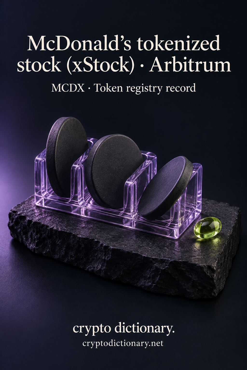 Lilac glass rack of three blank charcoal discs on slate beneath McDonald's tokenized stock (xStock) · Arbitrum.