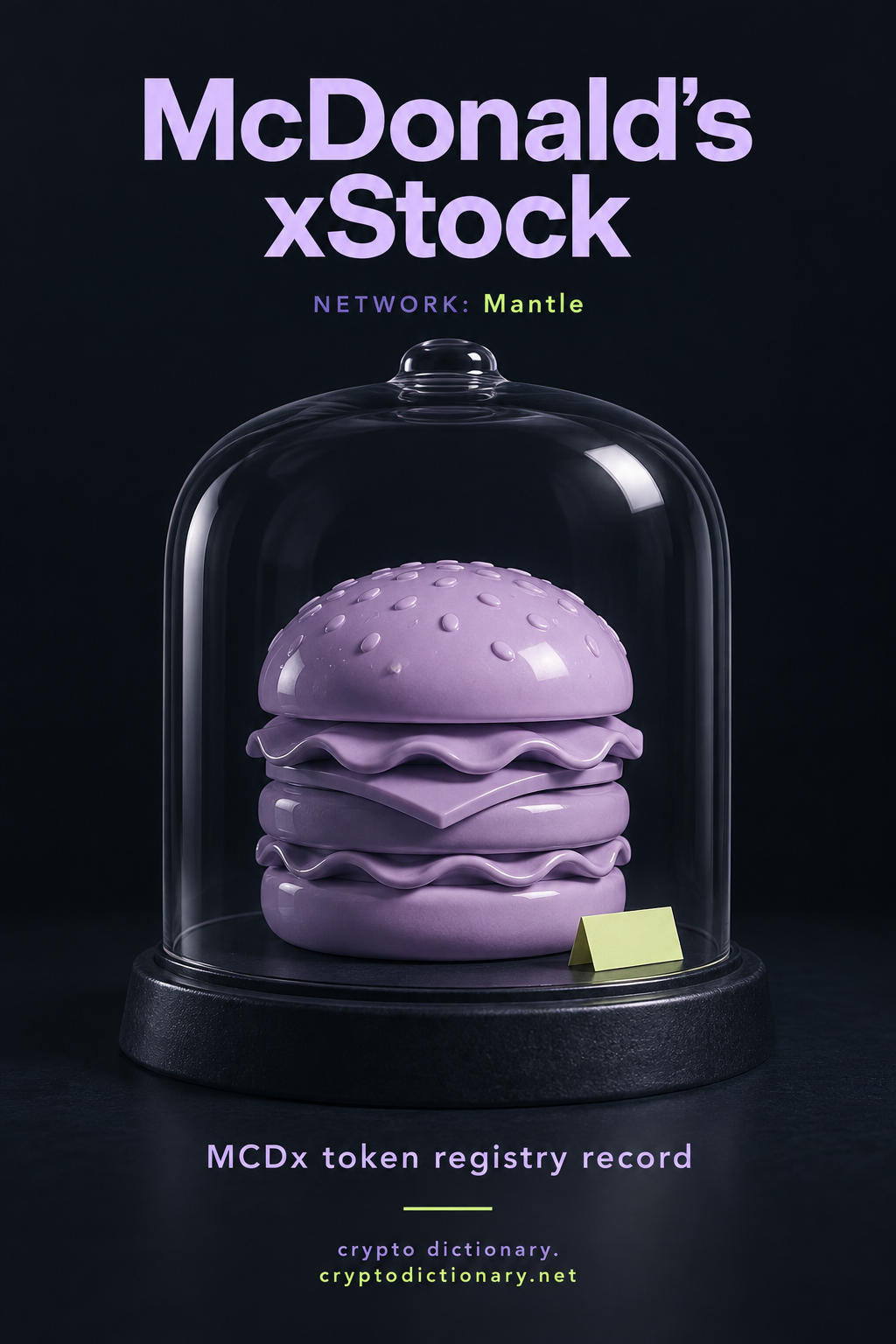 McDonald's xStock on Mantle: an abstract lilac ceramic burger sculpture beneath an archive cloche.