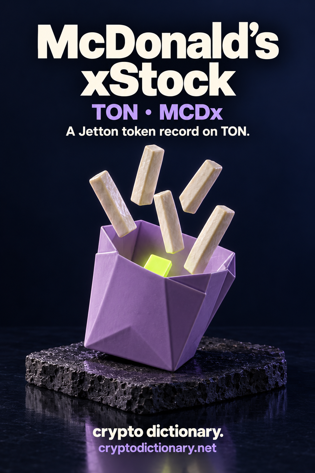 Five ivory ceramic fry-like sticks float above a lilac folded carton on a basalt tray, labeled McDonald’s xStock and TON · MCDx.