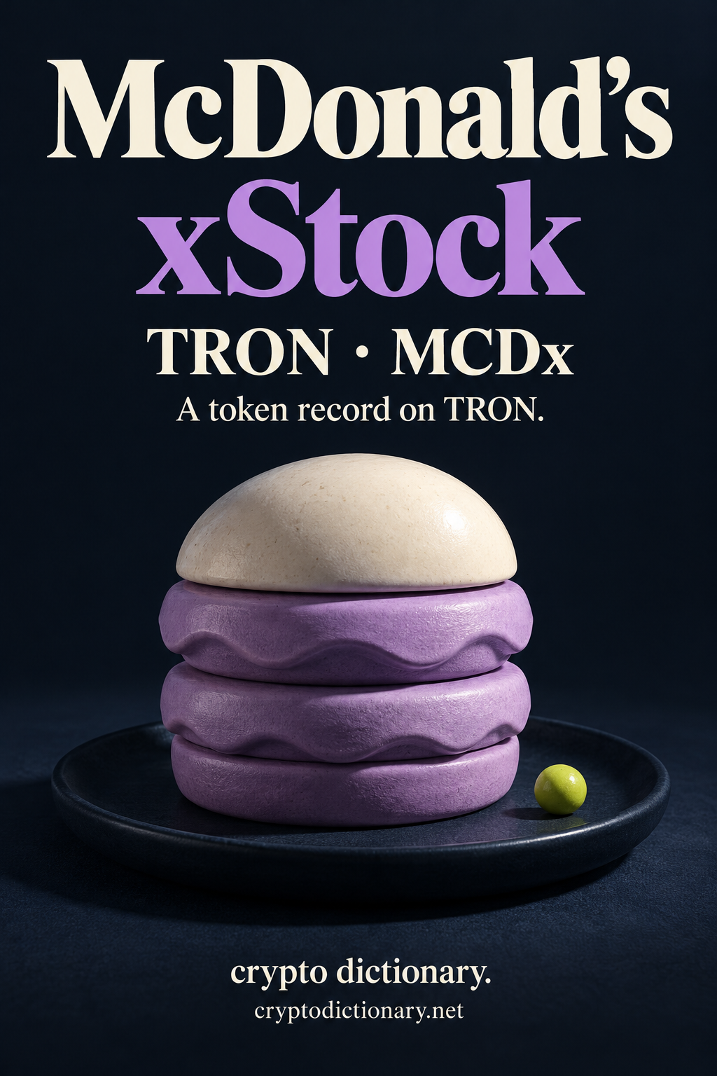 McDonald’s xStock, TRON · MCDx, above an original abstract lilac ceramic burger-like layered sculpture with an ivory dome and lime pea on a navy plate, with Crypto Dictionary footer.