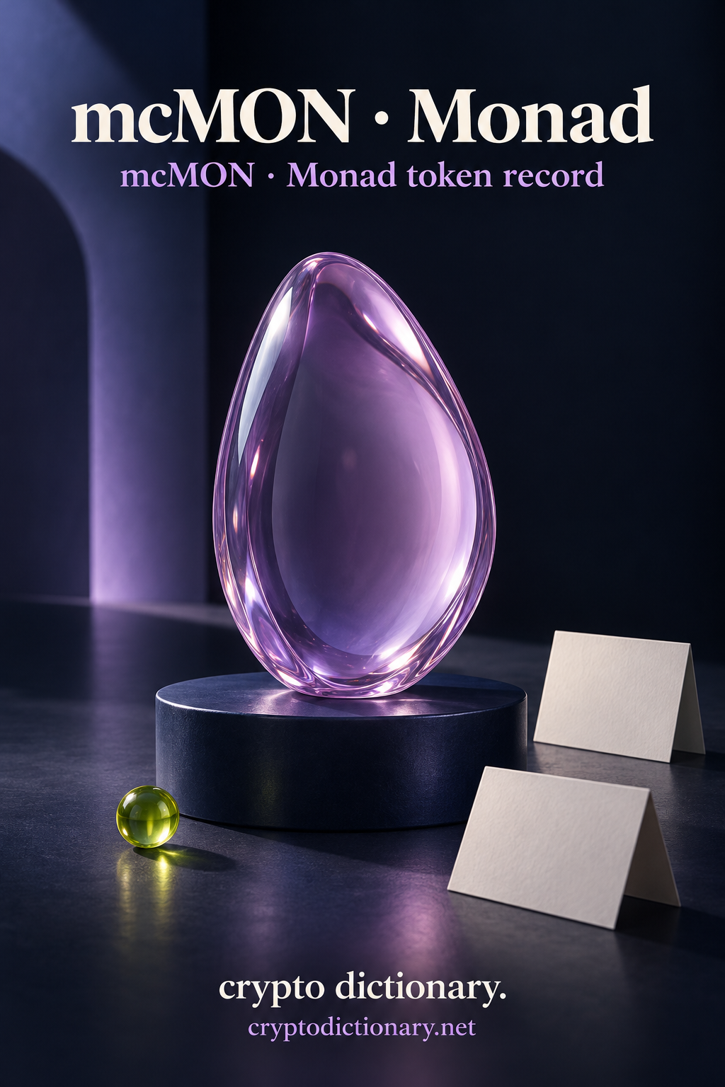 Single smooth lilac glass capsule beside two blank archival cards beneath mcMON · Monad registry typography.