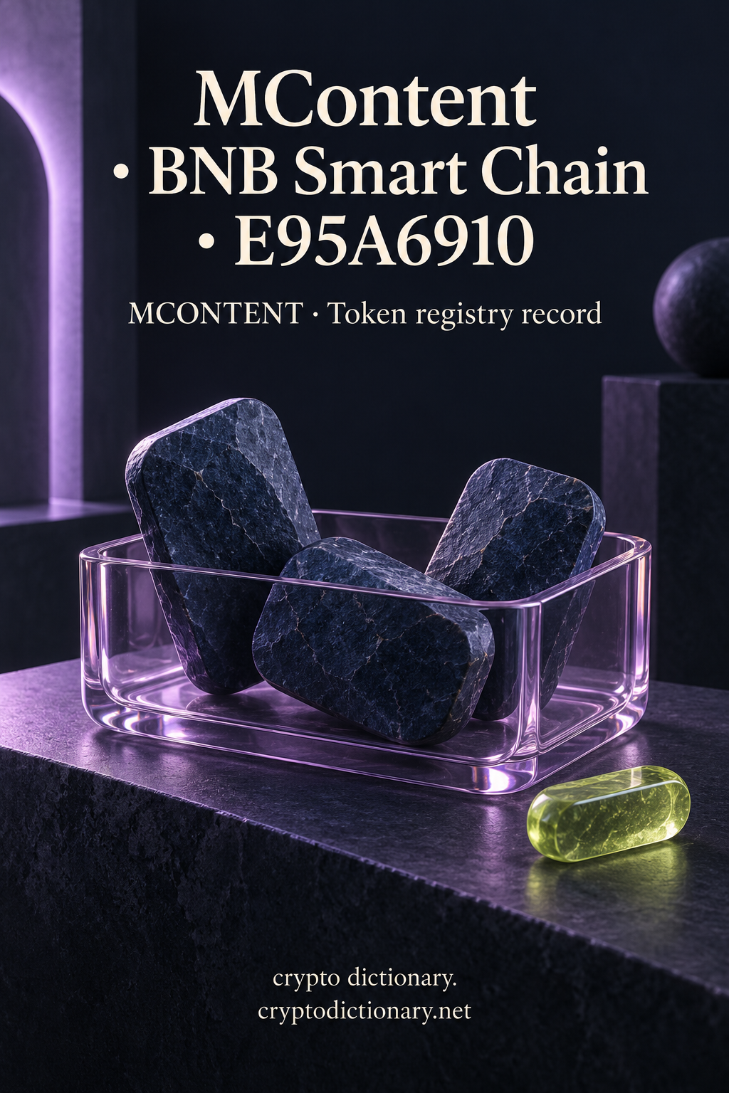 MContent on BNB Smart Chain, contract suffix E95A6910, illustrated by an original open lilac glass container of blank dark stone lozenges beside a lime piece, with neutral MCONTENT registry caption.