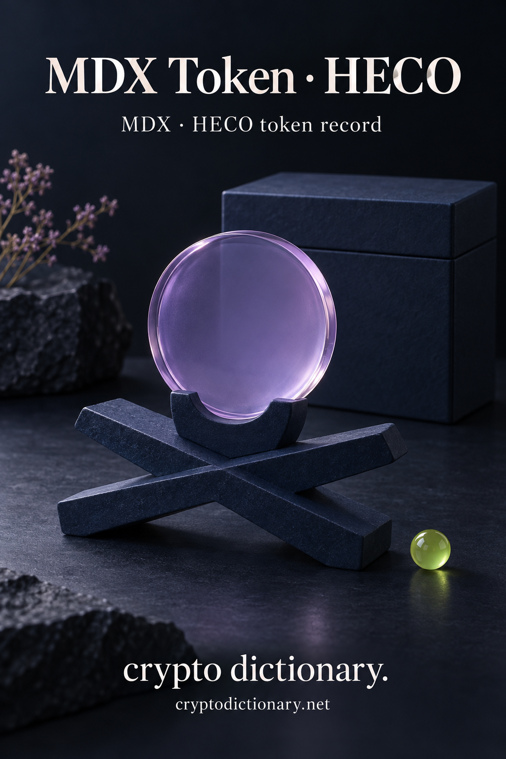 Unmarked upright lilac glass disc held over crossed navy sculptural rails, plain archival box and lime bead, with MDX Token · HECO title.