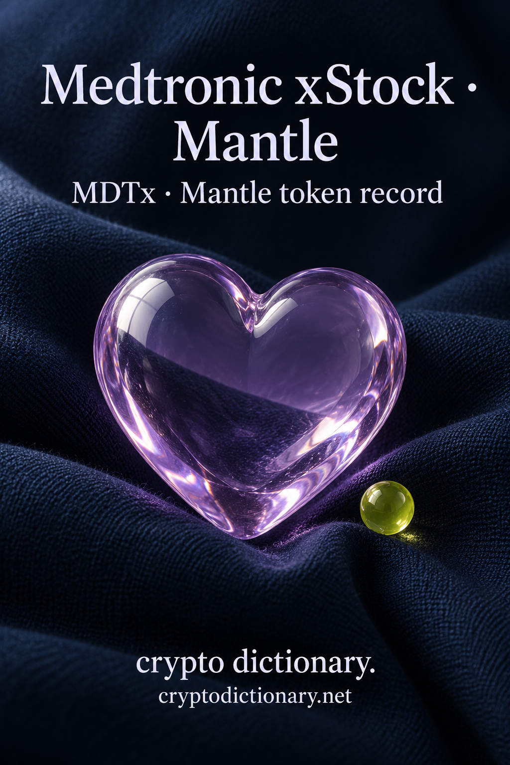 Rounded lilac glass heart paperweight in folded navy cloth with a lime bead.