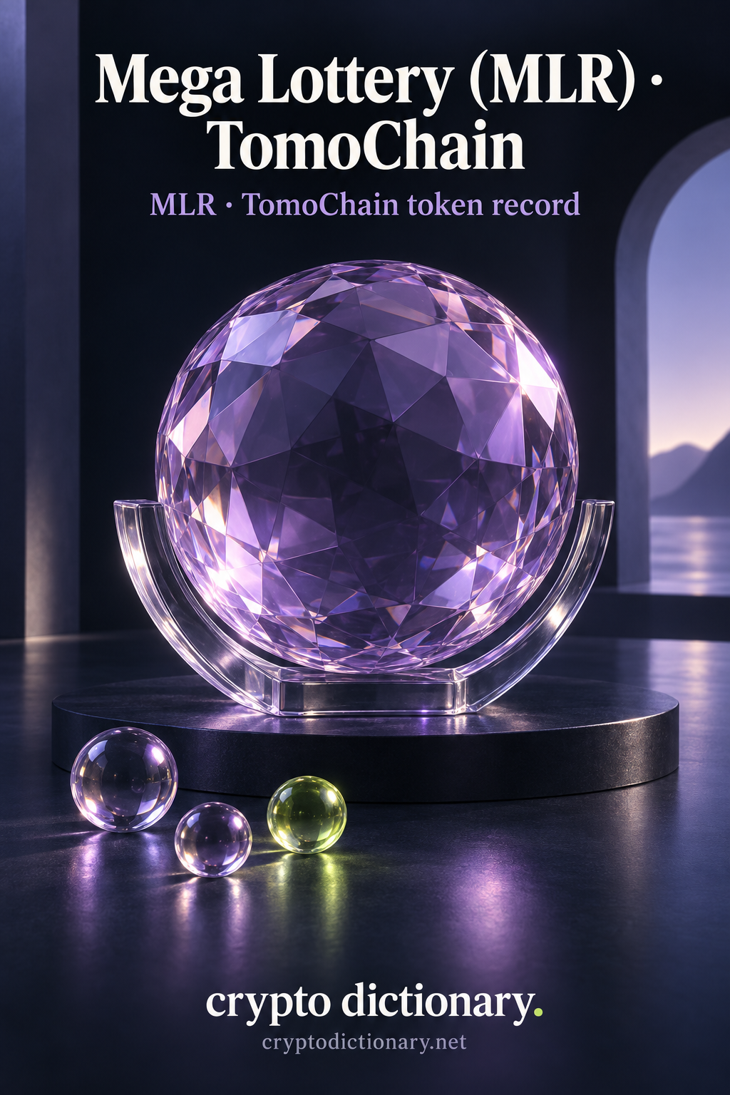 Large faceted lilac glass sphere on an open cradle with three smaller blank beads including one lime on a navy gallery base.