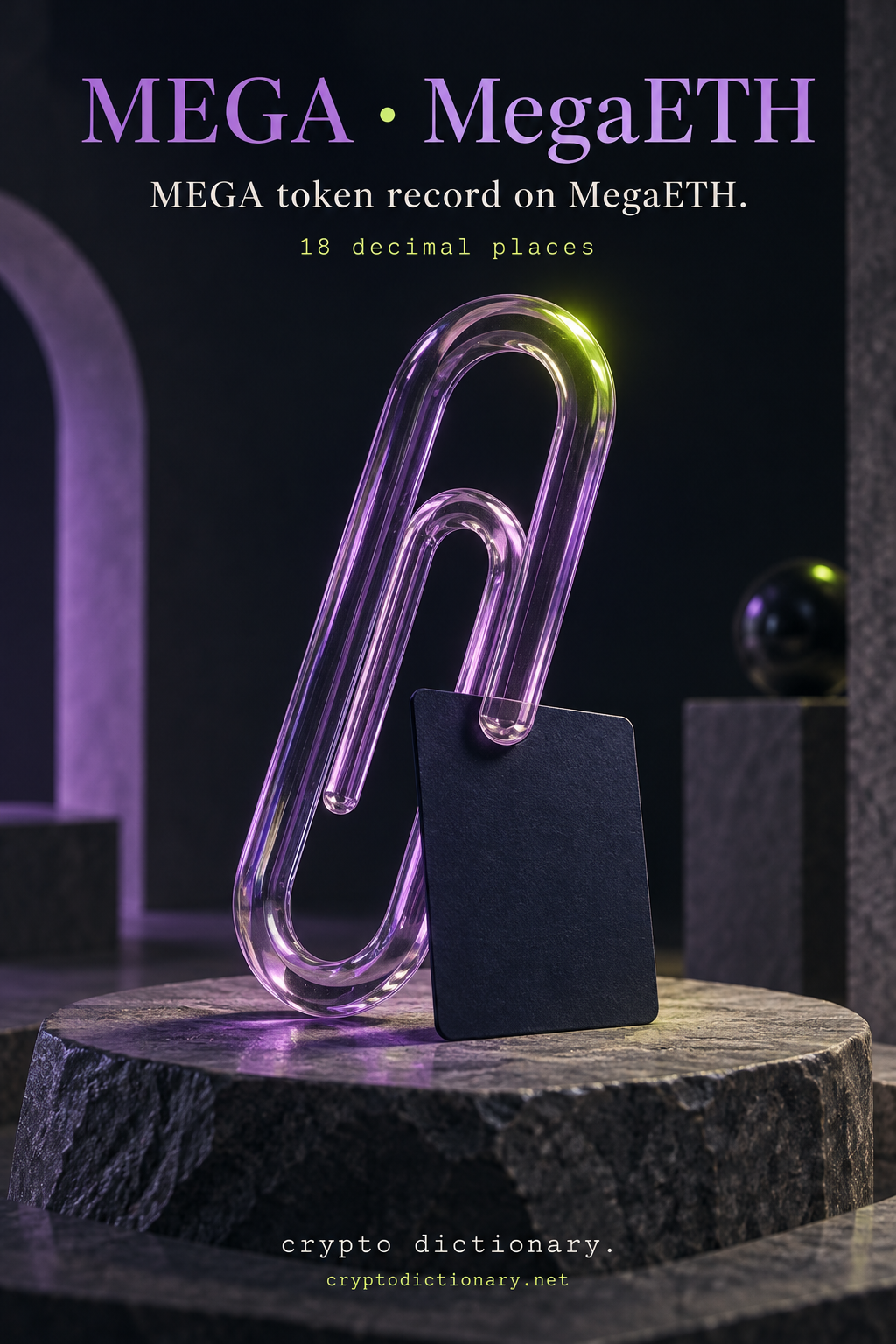 MEGA on MegaETH registry art with an oversized lilac glass paperclip and blank catalogue card.