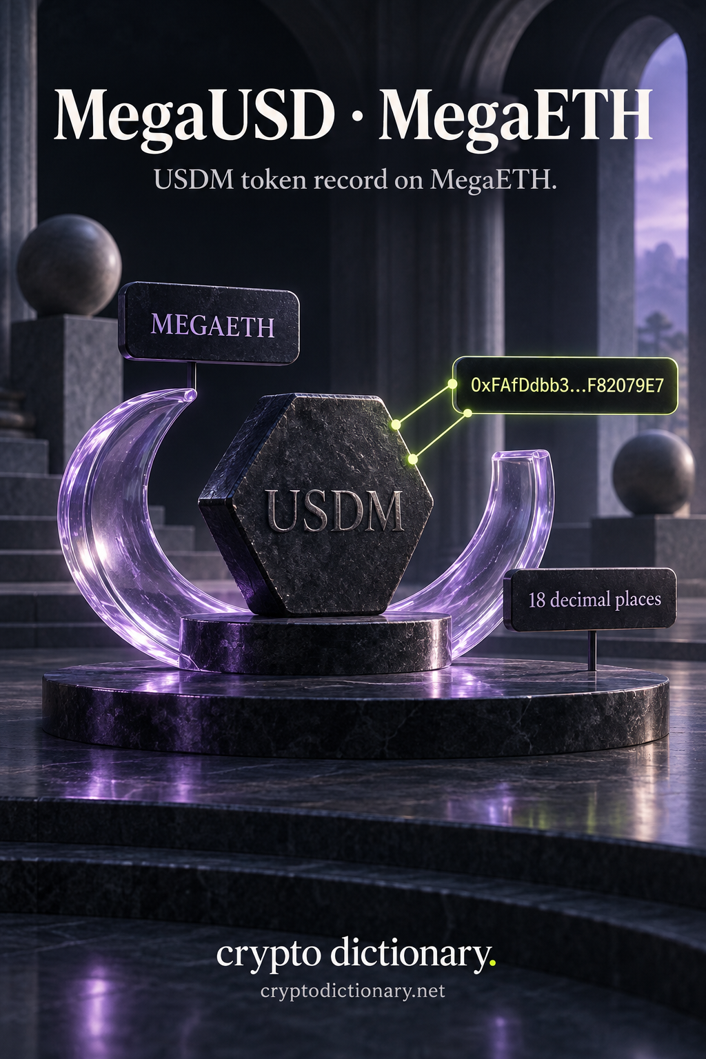 A USDM registry specimen is cradled by an open lilac crescent with MegaETH, eighteen-decimal and public contract identification labels.