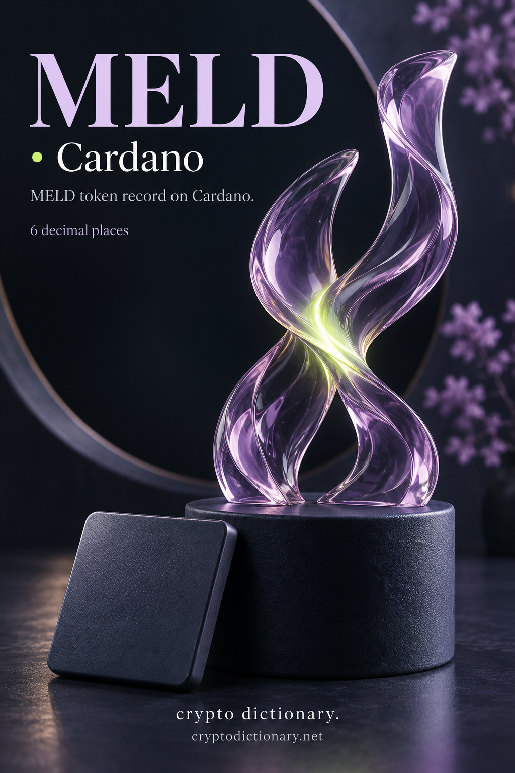 Two lilac glass ribbons meld at a lime seam, illustrating the MELD token record on Cardano.