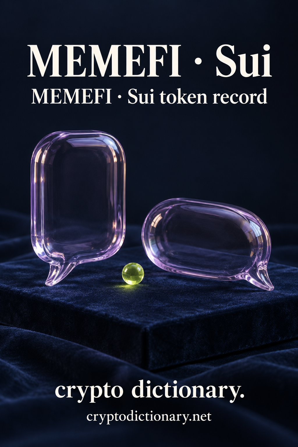Two empty lilac glass speech-bubble sculptures on navy velvet with a lime bead.