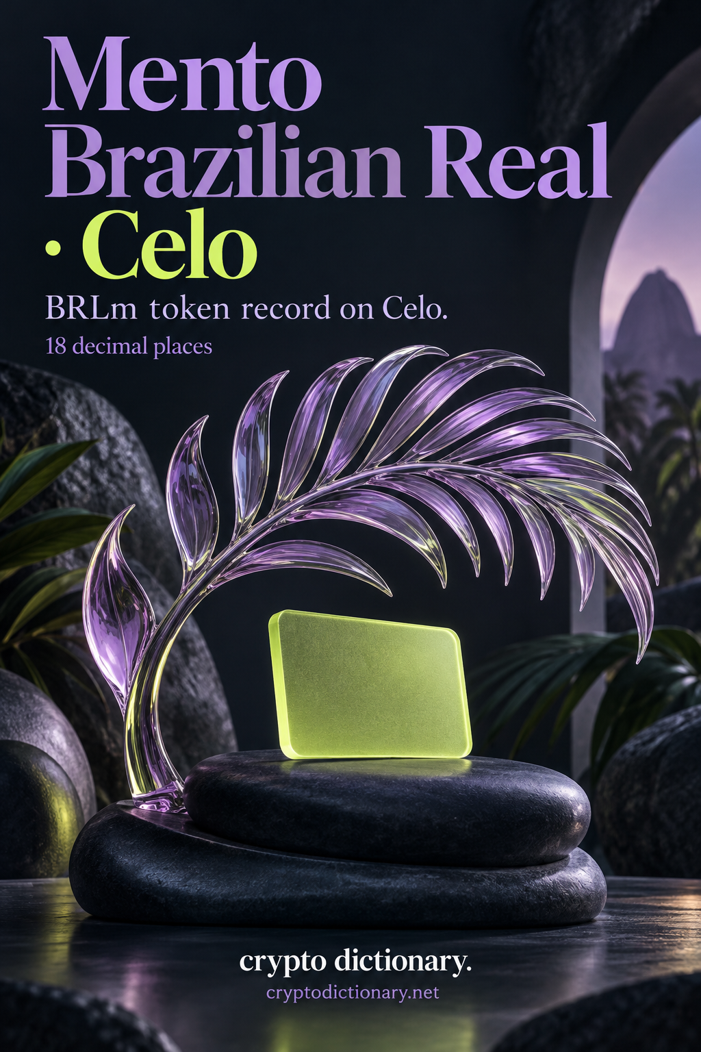 Lilac tropical glass frond over a blank lime registry tile, illustrating Mento Brazilian Real BRLm on Celo.