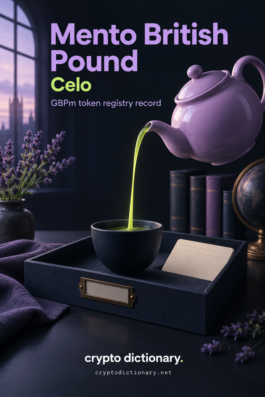 Mento British Pound on Celo: a plain lilac teapot pours a lime ribbon toward a navy specimen cup in an archive tray.
