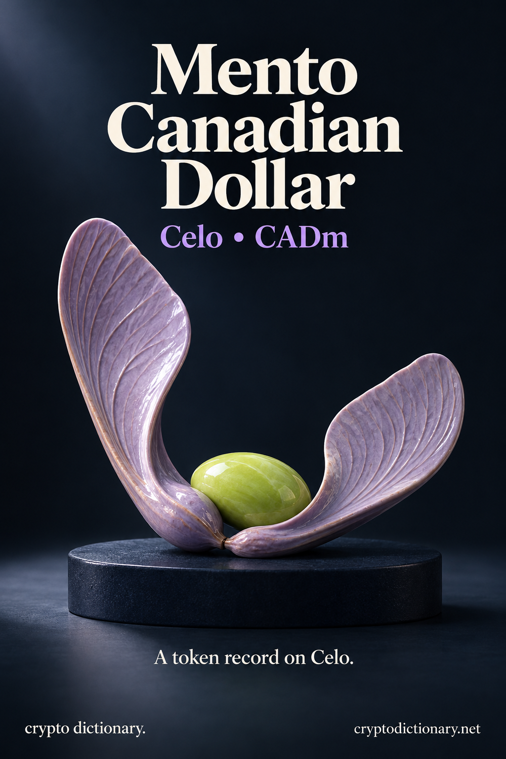A lilac ceramic maple seed pair cradles a lime pebble on a navy oval pedestal, beside the Mento Canadian Dollar Celo registry identity.
