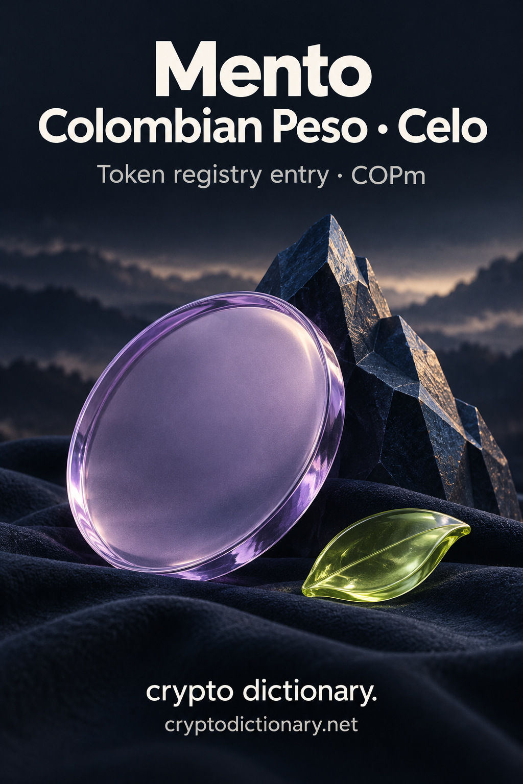 Blank lilac medallion against navy mountain sculpture, titled Mento Colombian Peso · Celo.