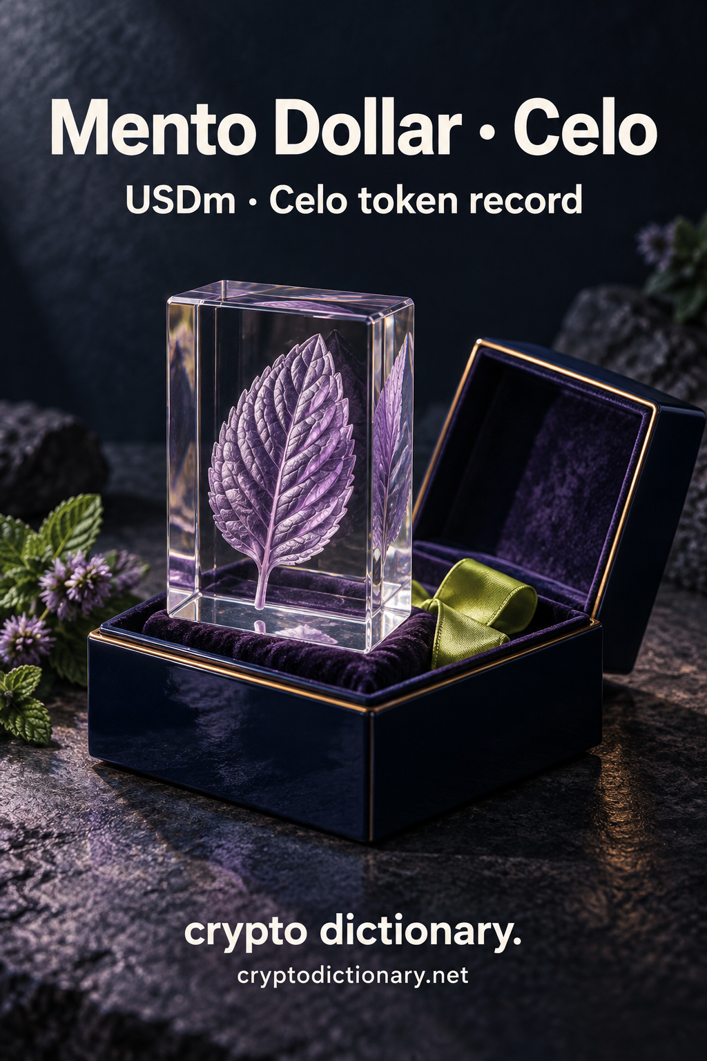 Lilac mint leaf preserved in a clear glass block inside a navy velvet-lined keepsake box with lime ribbon; Mento Dollar · Celo token-registry artwork.