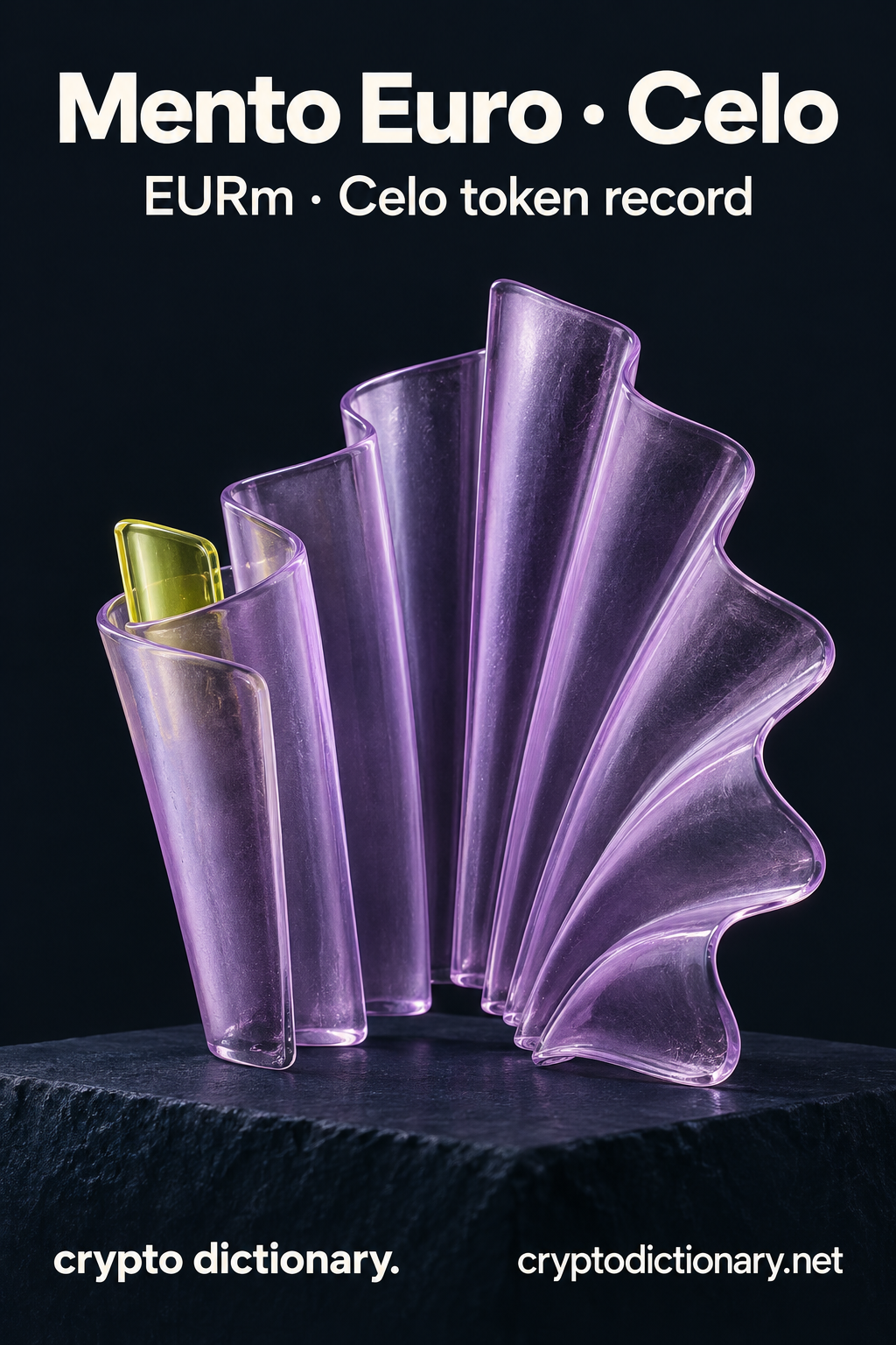 Mento Euro · Celo — original lilac glass name-inspired sculpture with accurate EURm token record caption.