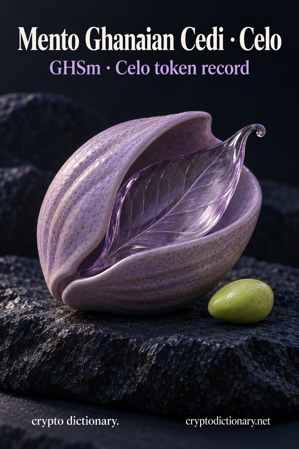 A smooth lilac ceramic shell cradles a curled glass leaf beside a lime seed on dark stone, below Mento Ghanaian Cedi · Celo and GHSm caption.