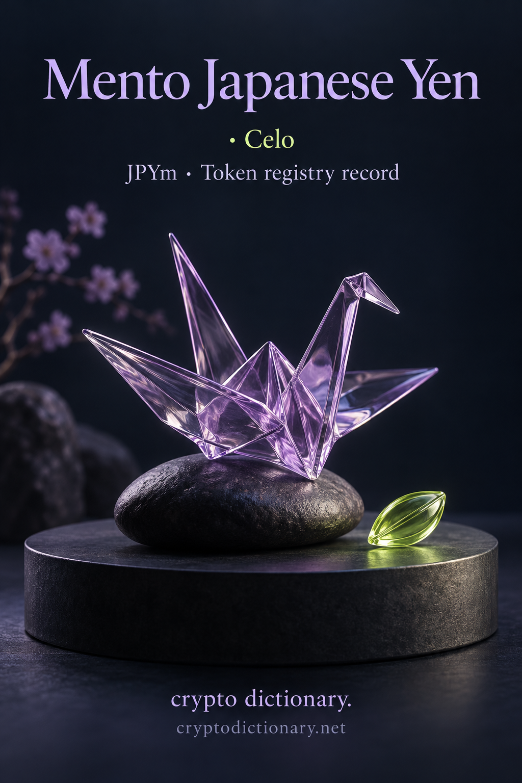 Mento Japanese Yen · Celo token registry artwork with a folded lilac glass crane on a dark stone and a separate lime glass seed.