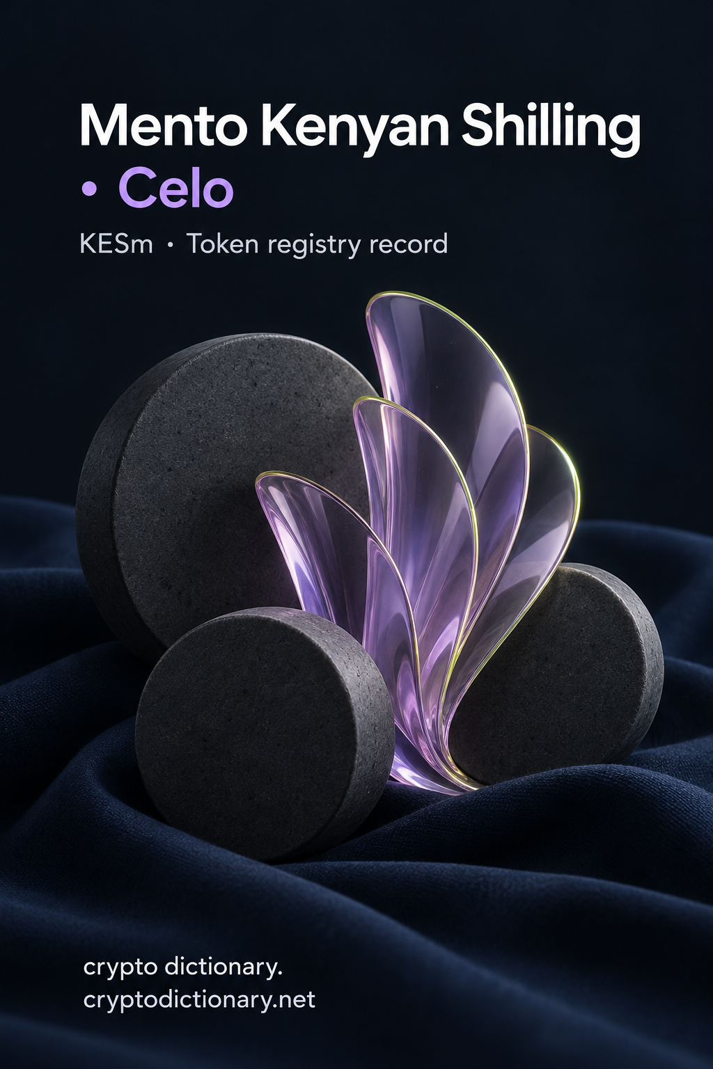 Mento Kenyan Shilling · Celo registry artwork with blank charcoal discs, a lilac glass fan and the exact KESm caption on navy fabric.