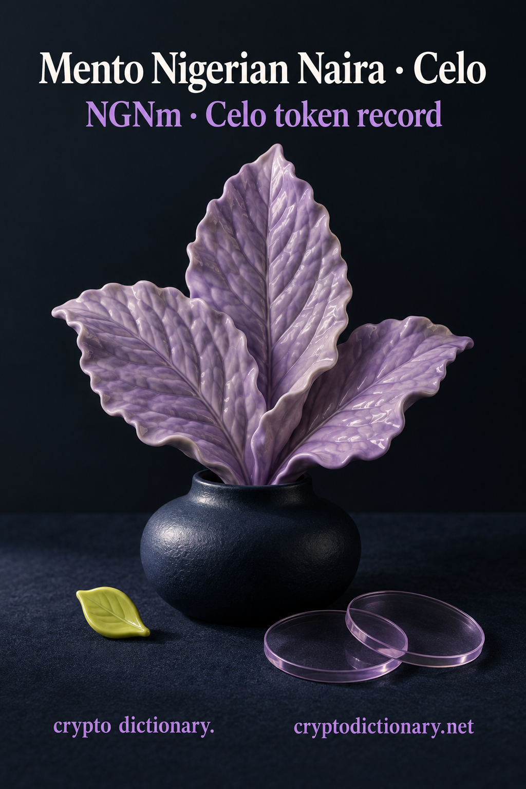 Lilac ceramic mint leaves rise from a plain navy vase beside overlapping blank glass disks and a small lime leaf, beneath Mento Nigerian Naira · Celo and NGNm caption.