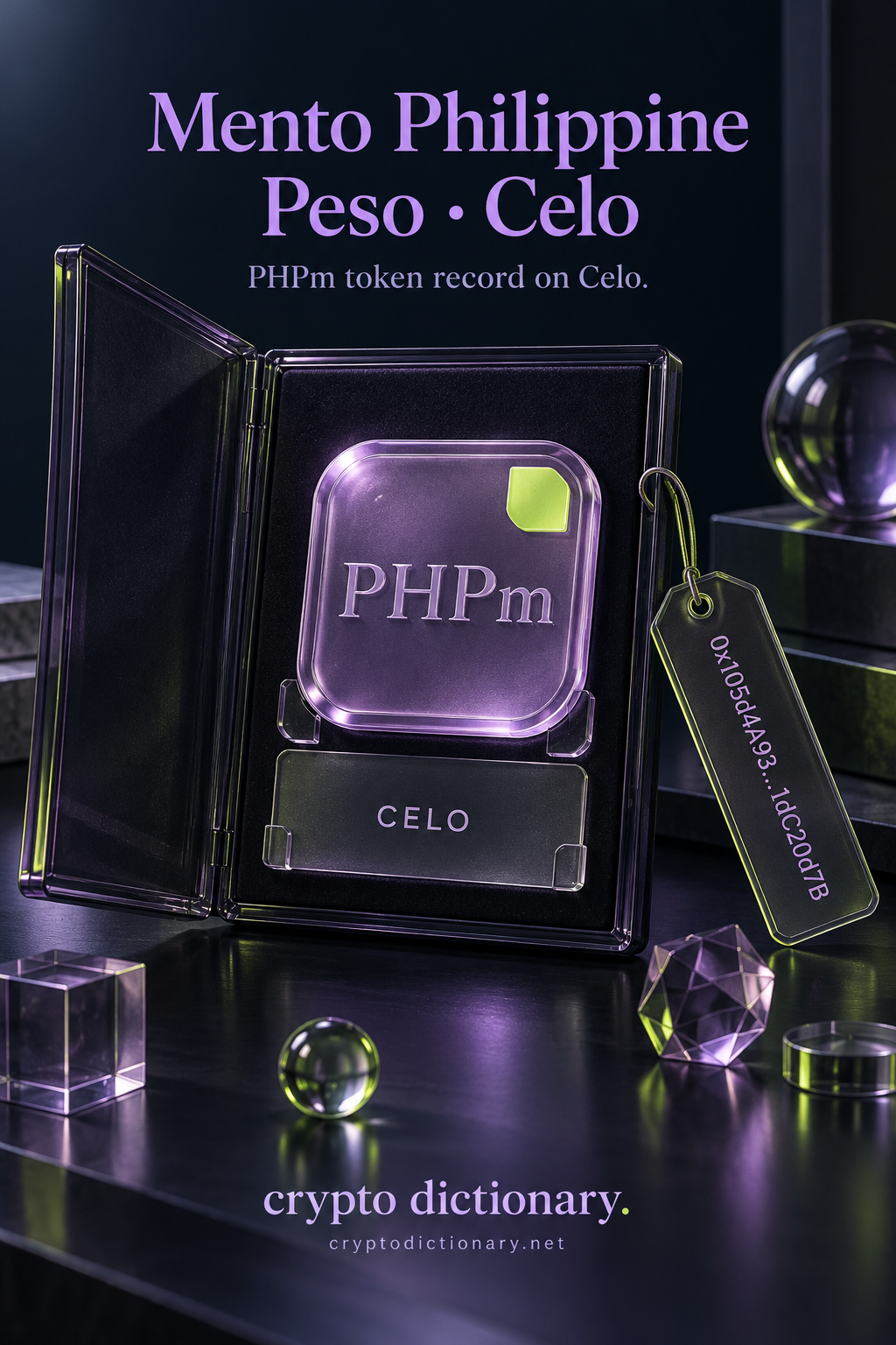 A PHPm registry medallion in an open glass folio with Celo card and abbreviated public token-contract tag.