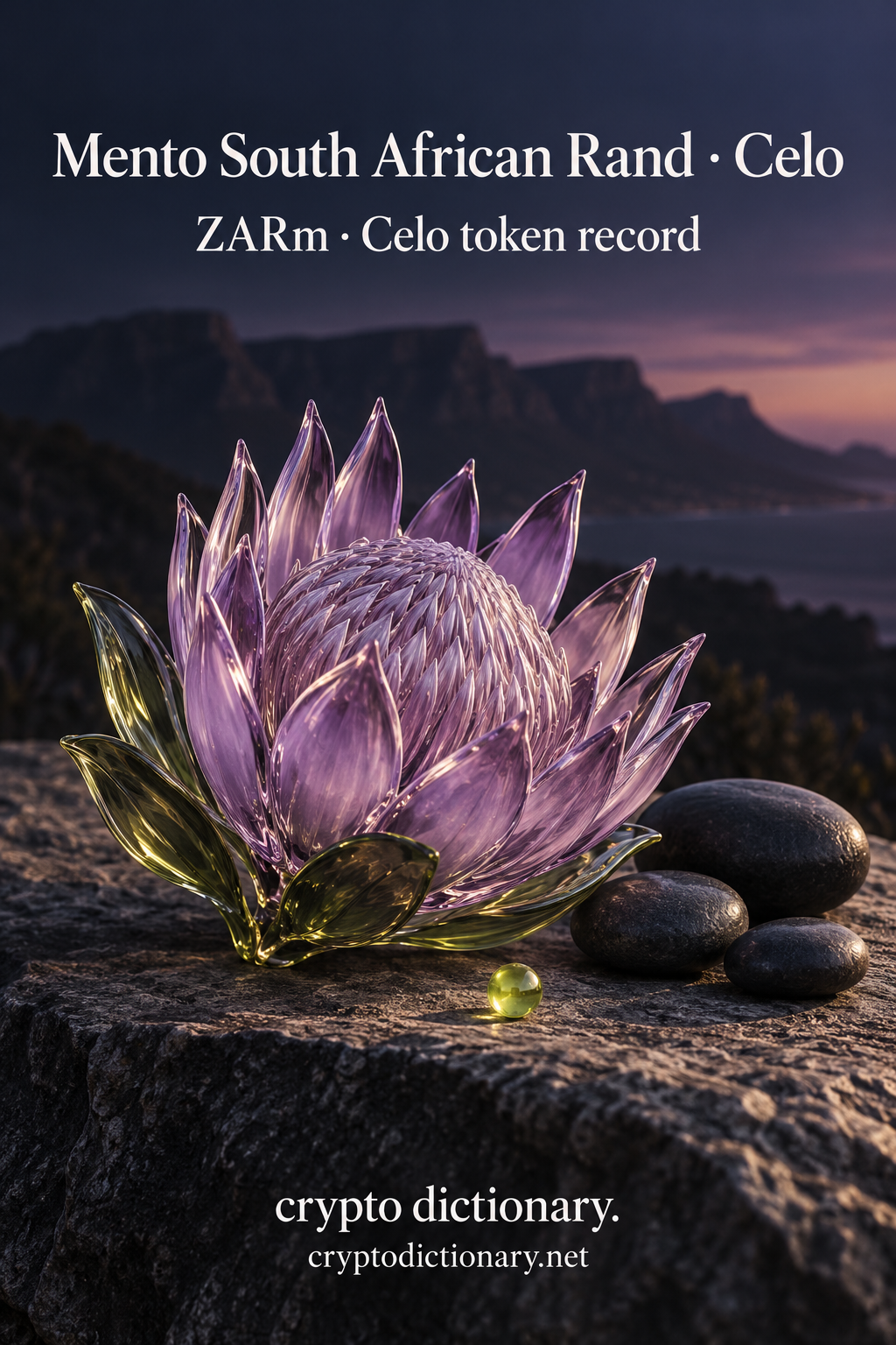 Lilac glass protea flower with dark pebbles and a lime bead on a stone ledge before a soft mountain backdrop.
