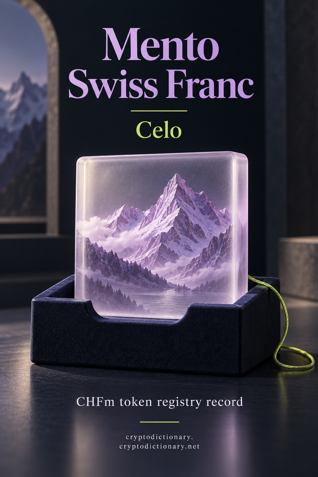 Mento Swiss Franc on Celo: lilac alpine ridge within a frosted archive tile.