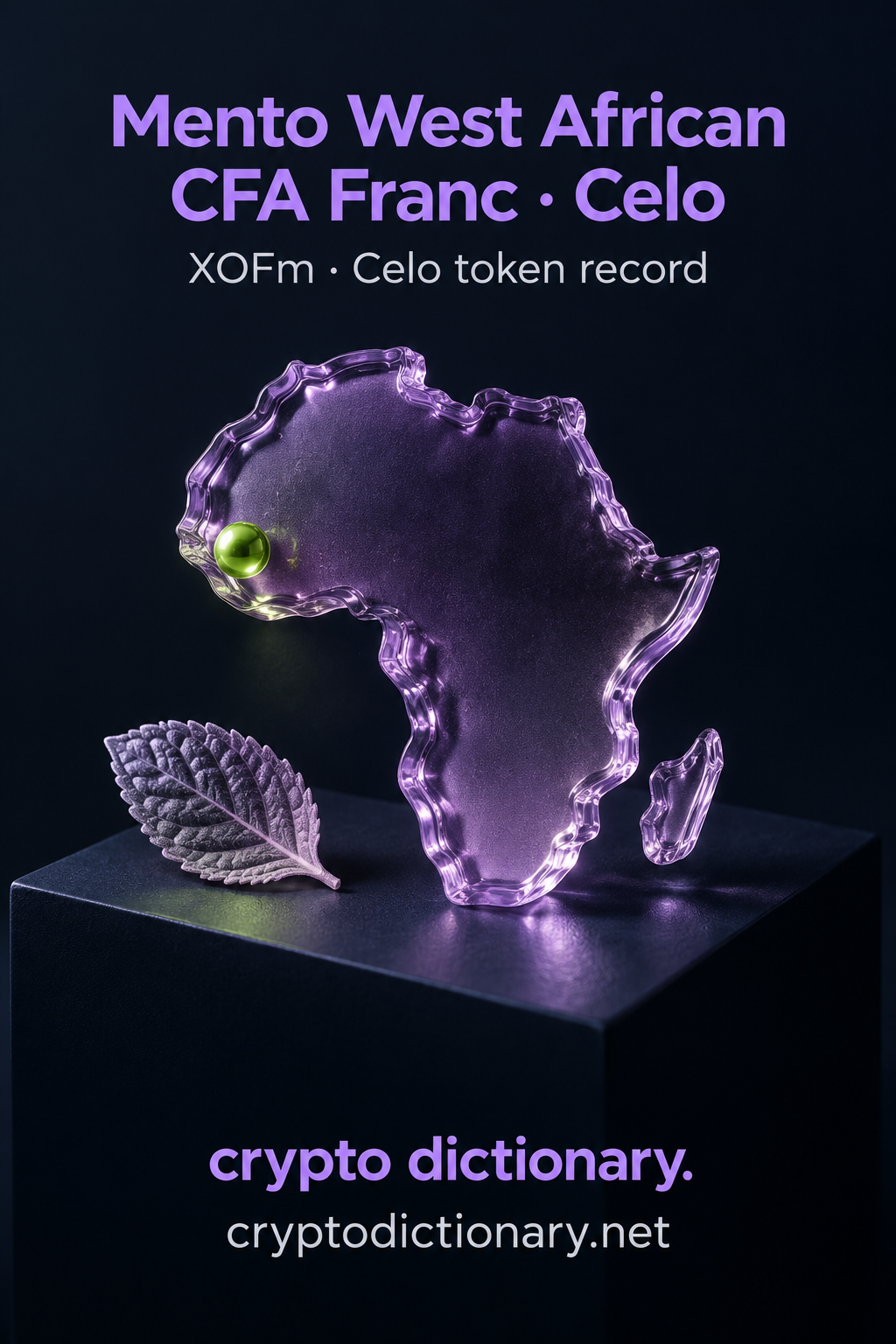 Mento West African CFA Franc · Celo — original navy, lilac and lime sculptural token-registry illustration.