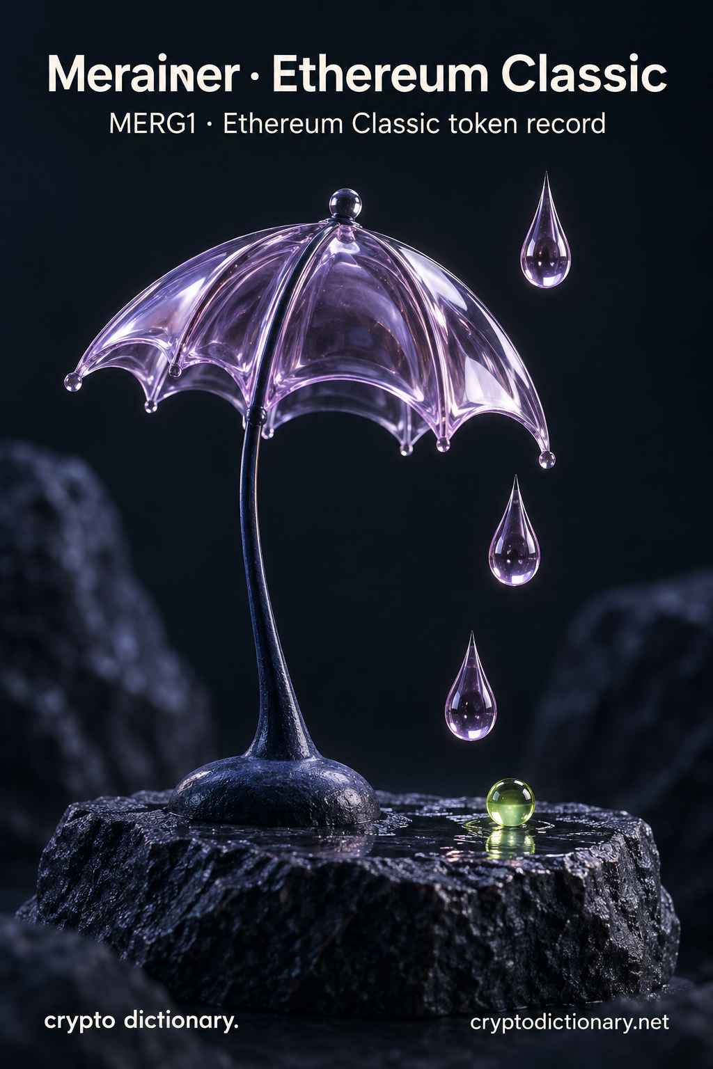 Merainer · Ethereum Classic — original lilac glass name-inspired sculpture with accurate MERG1 token record caption.