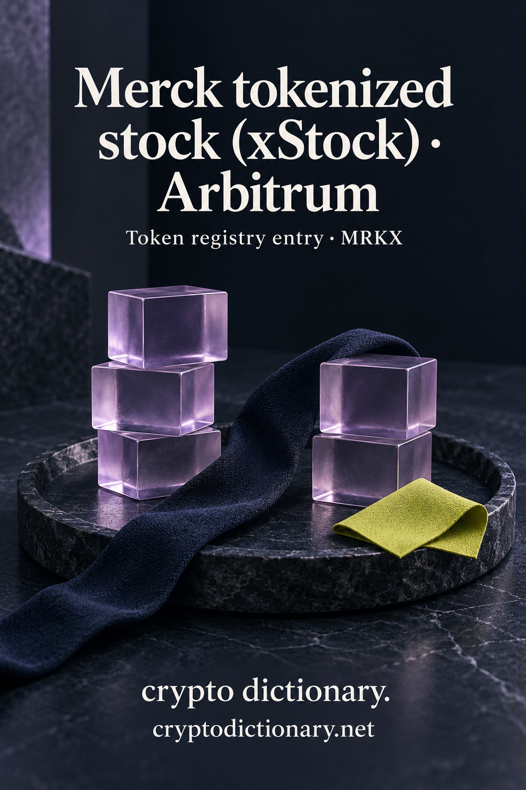 Blank lilac glass material blocks and fabric swatches, titled Merck tokenized stock (xStock) · Arbitrum.