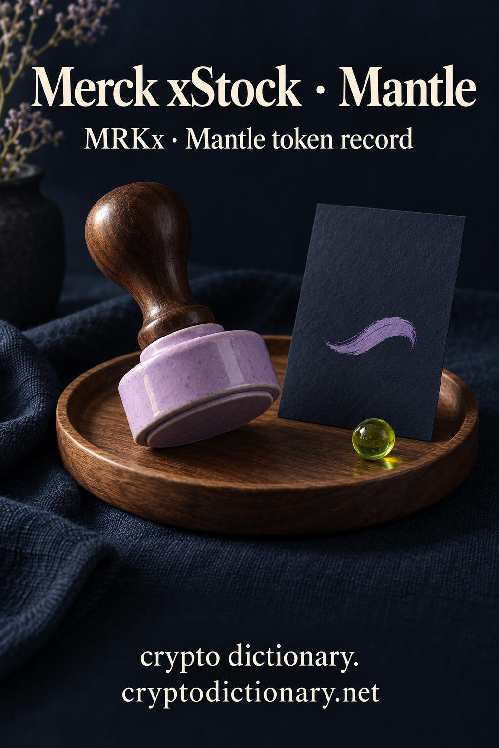 Lilac ceramic stamp and abstract brush mark on a navy card in a wooden tray, illustrating the Merck xStock registry name on Mantle.