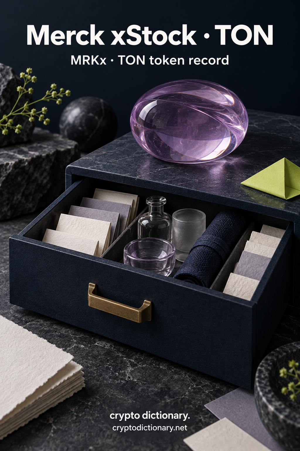 Plain navy archive drawer with blank paper stock, empty glass vessels, rolled fabric, lilac glass paperweight and lime folded corner; Merck xStock · TON registry artwork.