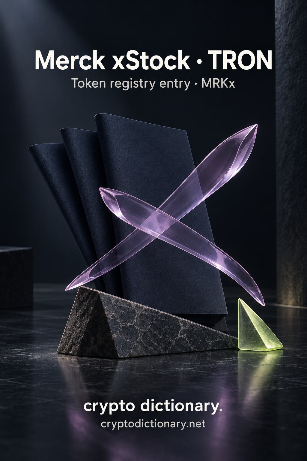 Crossed lilac glass blades and blank navy material sheets, titled Merck xStock · TRON.