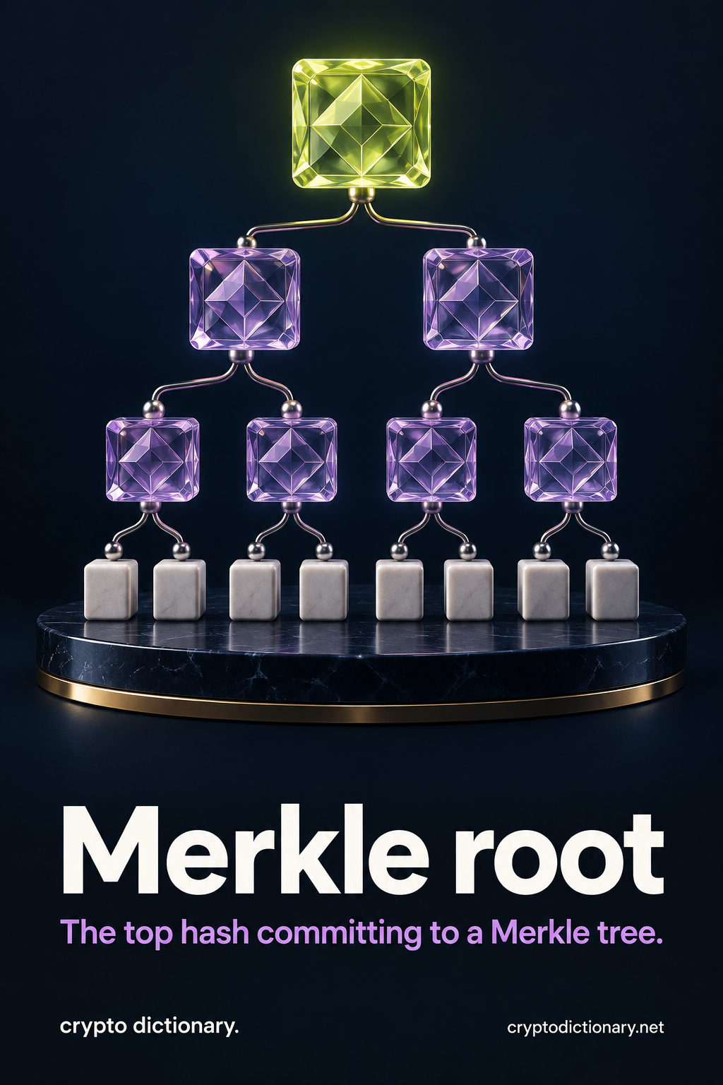 Merkle root: eight opaque input blocks pair into four lilac hash nodes, two higher nodes and one lime root hash at the top.