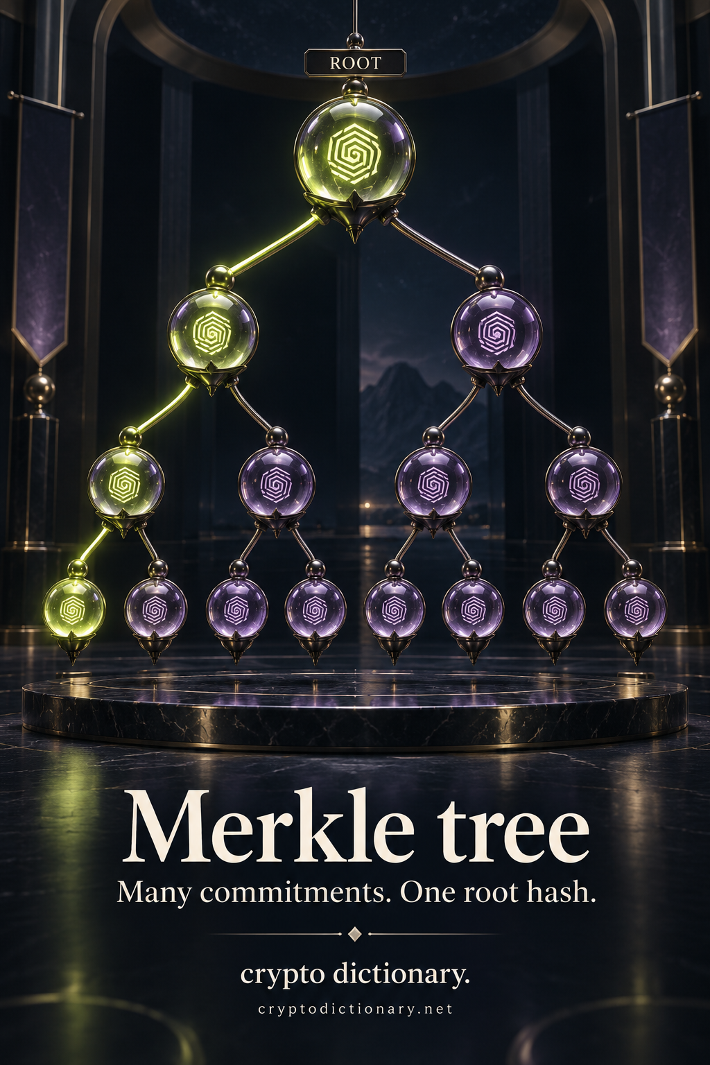 An eight-leaf binary chandelier of hash-patterned glass nodes combines through four and two nodes to one root; one inclusion route glows lime.