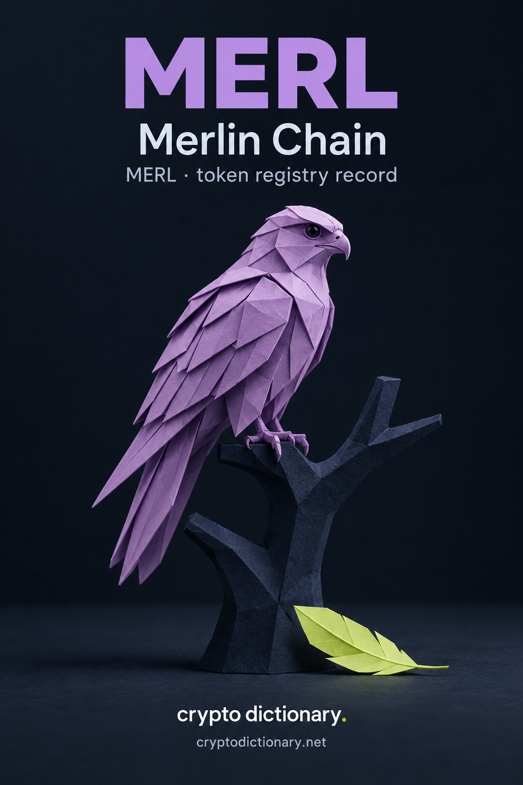 MERL on Merlin Chain: an original lilac folded-paper falcon on navy stand with lime feather, illustrating the MERL registry record.