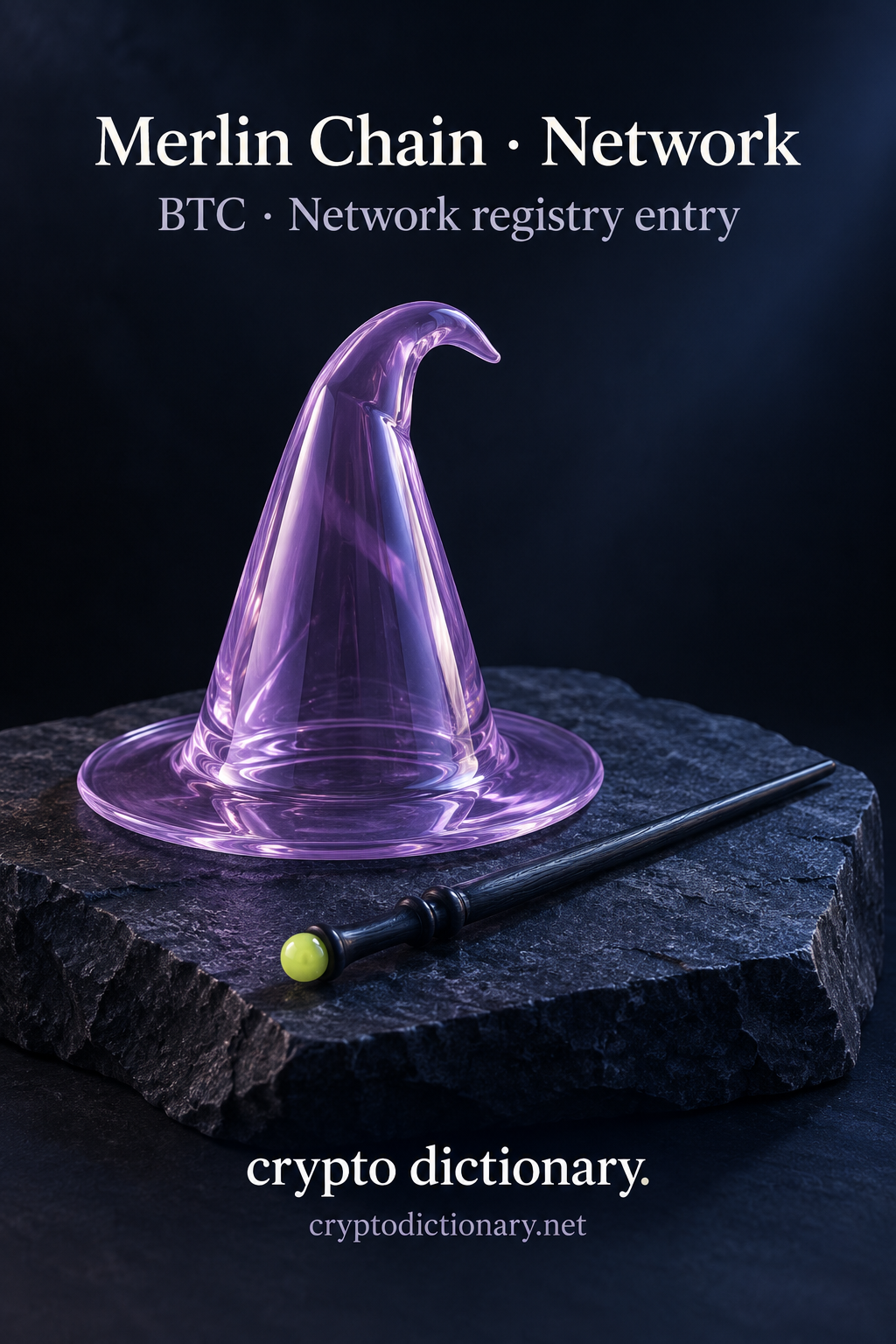 Plain lilac glass wizard hat with bent tip beside a smooth navy wand with lime bead on dark stone.