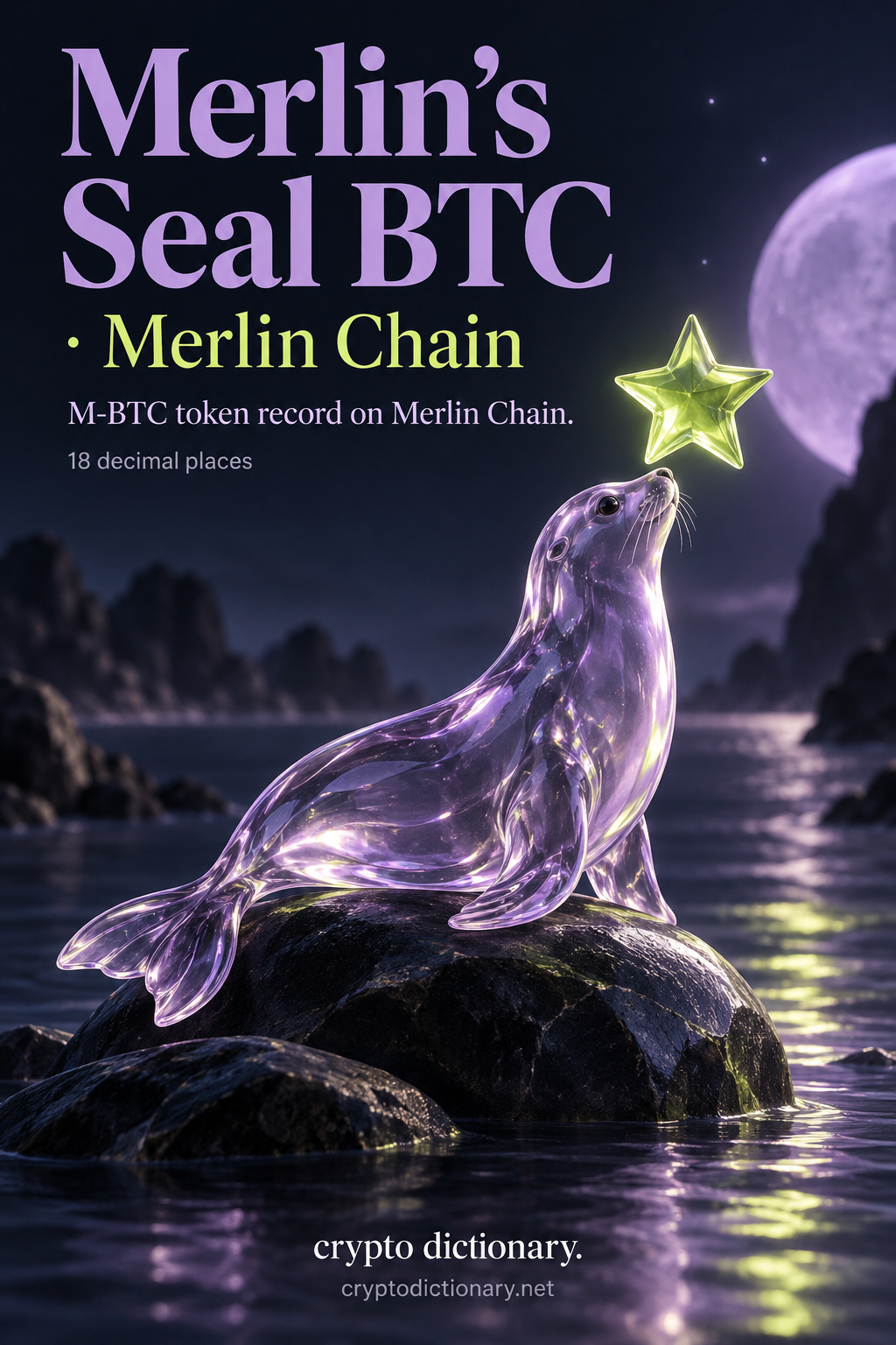 Lilac glass seal animal under a lime star, illustrating Merlin's Seal BTC M-BTC on Merlin Chain.